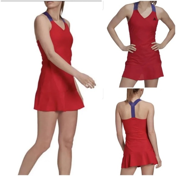 Adidas NWT “Primeblue” Red Tennis Dress with Sparkly Purple Straps, Size Large - Picture 1 of 7